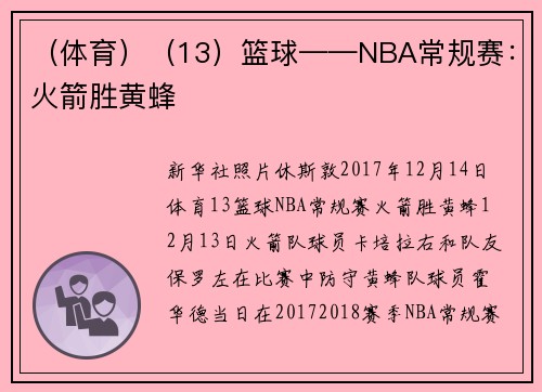 （体育）（13）篮球——NBA常规赛：火箭胜黄蜂
